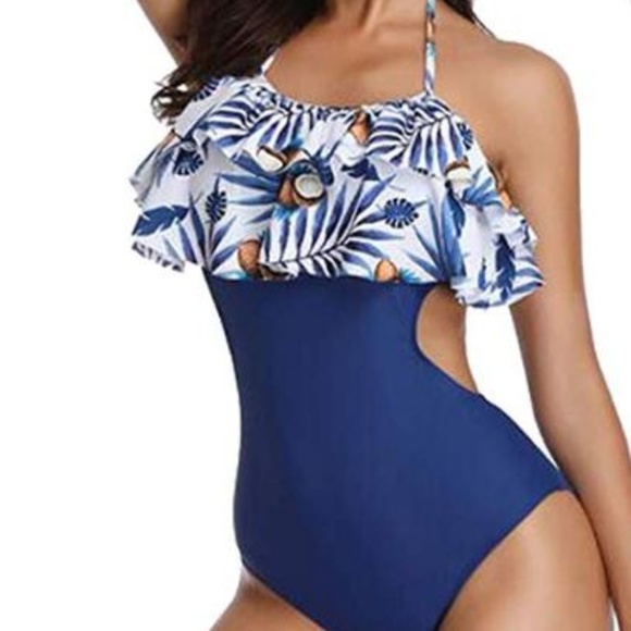 Women Halter Neck One Piece Swimsuit Coconut Print - Picture 2 of 4